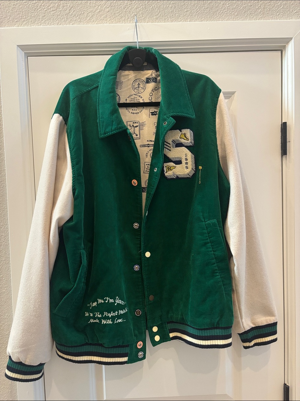 Scotch and Soda Green and Cream Varsity Jacket